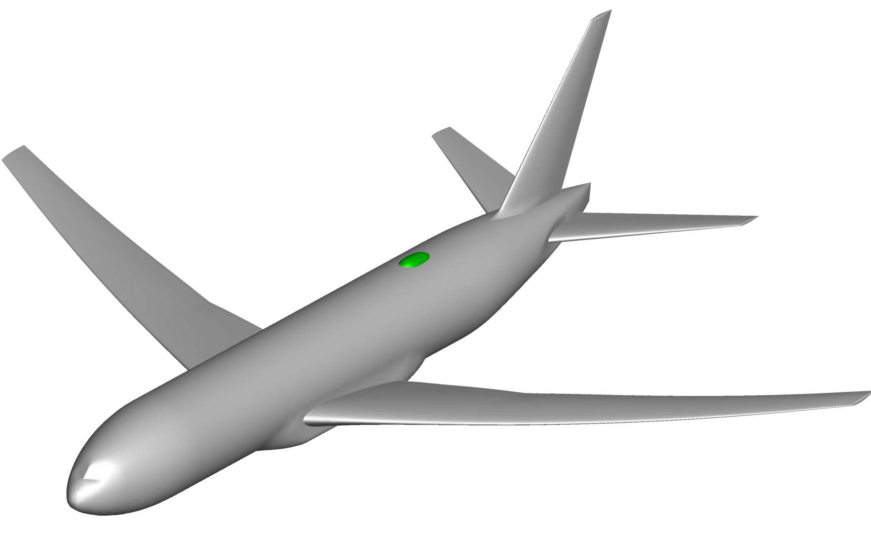 Graphical representation of the NASA CRM with vertical tail plane and with a notional antenna radome shown in green.
